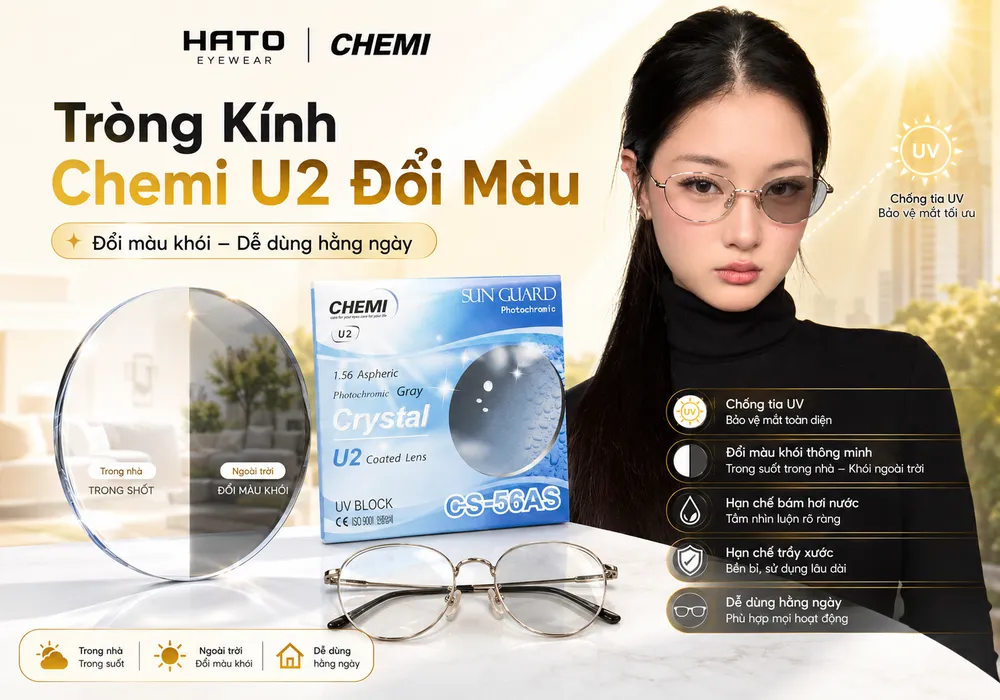 Tròng kính Chemi U2 đổi màu khói với gọng kính thanh lịch, bao bì Chemi và người mẫu đeo kính, minh họa khả năng đổi màu khi ra nắng.