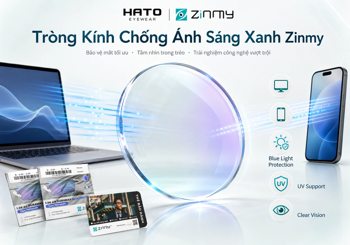 Ảnh minh họa tròng kính chống ánh sáng xanh Zinmy Blue Protect tại Hato Eyewear, hỗ trợ bảo vệ mắt khi dùng máy tính, điện thoại và thiết bị điện tử hằng ngày.