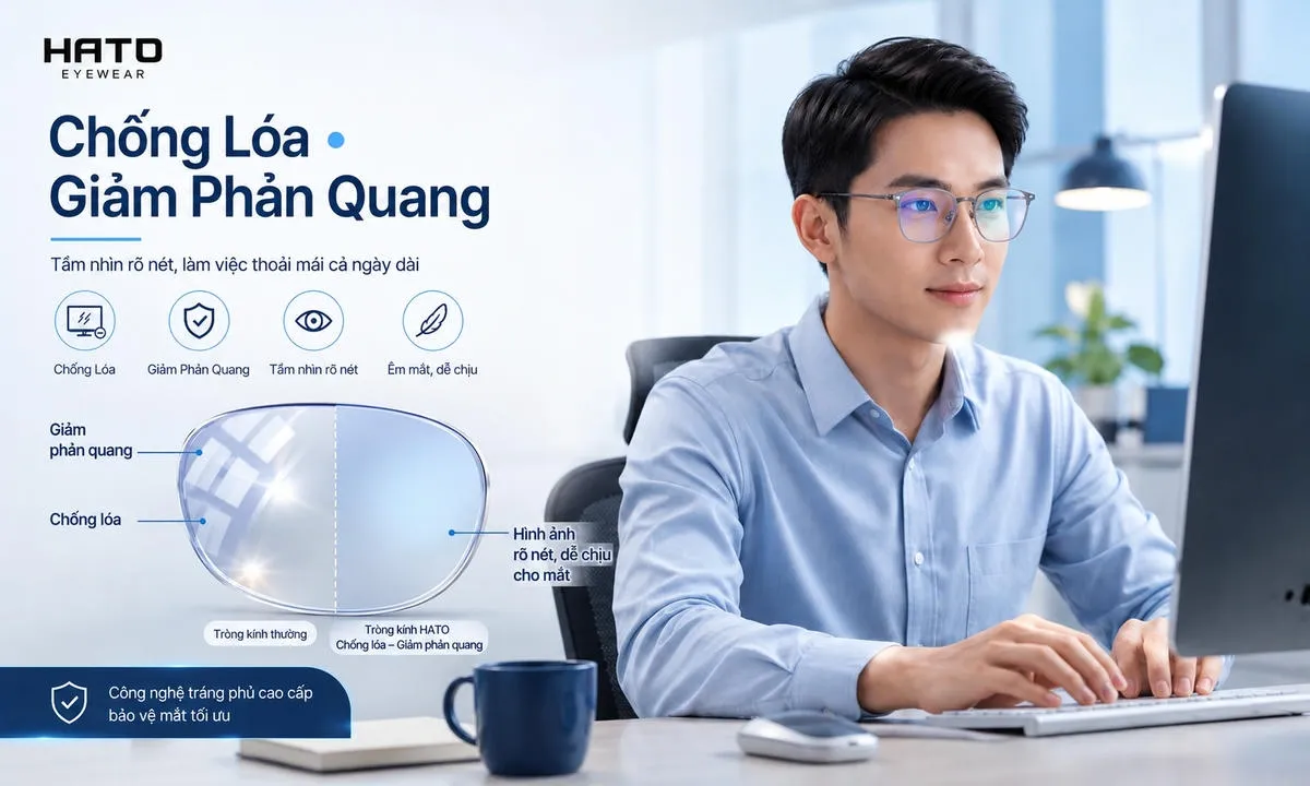 Ảnh minh họa tròng kính chống lóa giảm phản quang giúp nhìn rõ hơn khi làm việc trước màn hình máy tính tại HATO Eyewear.