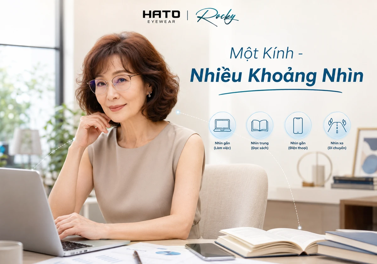 Ảnh minh họa tròng kính đa tròng Rocky cho người trung niên, hỗ trợ nhìn gần, nhìn trung gian và nhìn xa trong sinh hoạt hằng ngày.