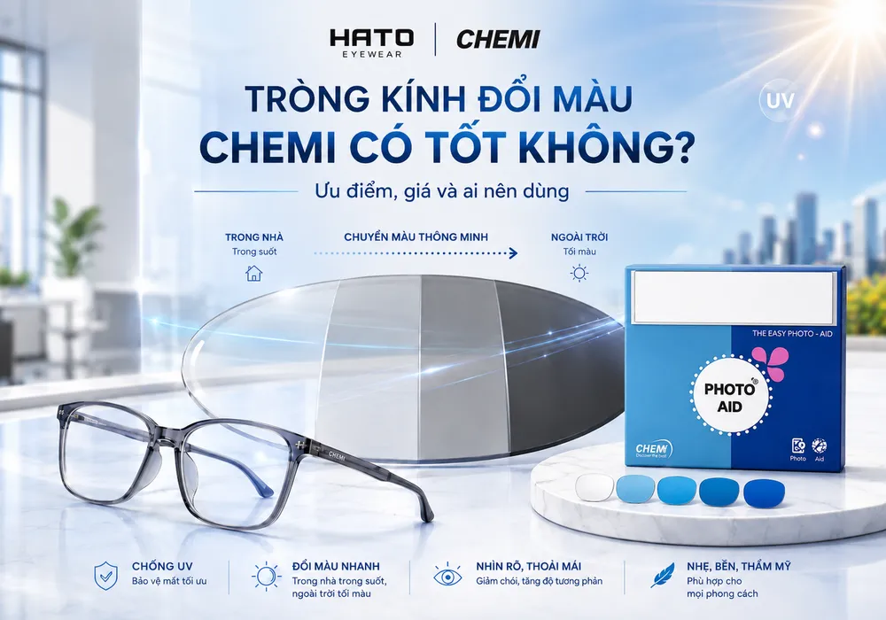 Tròng kính đổi màu Chemi có tốt không với hiệu ứng đổi màu từ trong suốt sang màu khói, kèm gọng kính và bao bì Chemi Photo Aid tại HATO Eyewear.