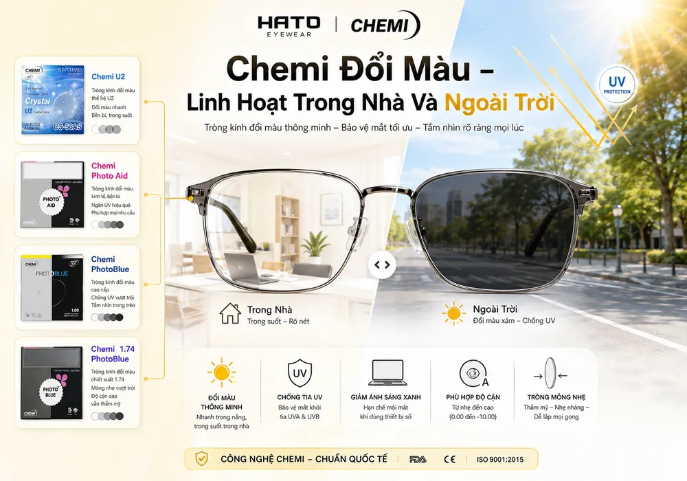 Tròng kính đổi màu Chemi linh hoạt trong nhà và ngoài trời với các dòng Chemi U2, Photo Aid, PhotoBlue và 1.74 PhotoBlue.