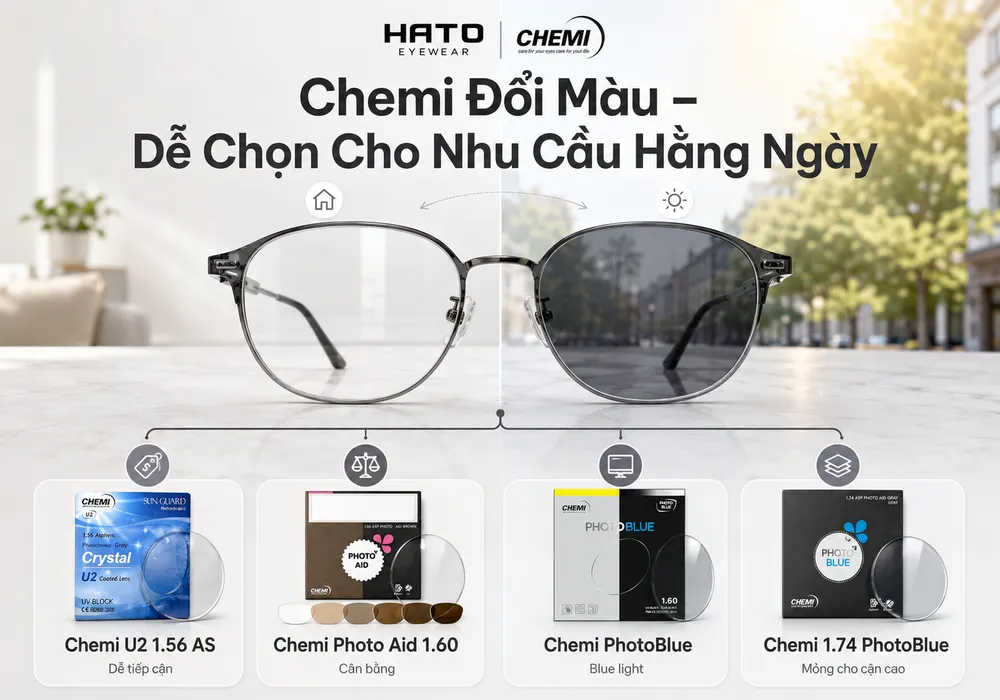 Tròng kính đổi màu Chemi là gì, các dòng Chemi U2, Photo Aid, PhotoBlue và 1.74 PhotoBlue tại HATO Eyewear