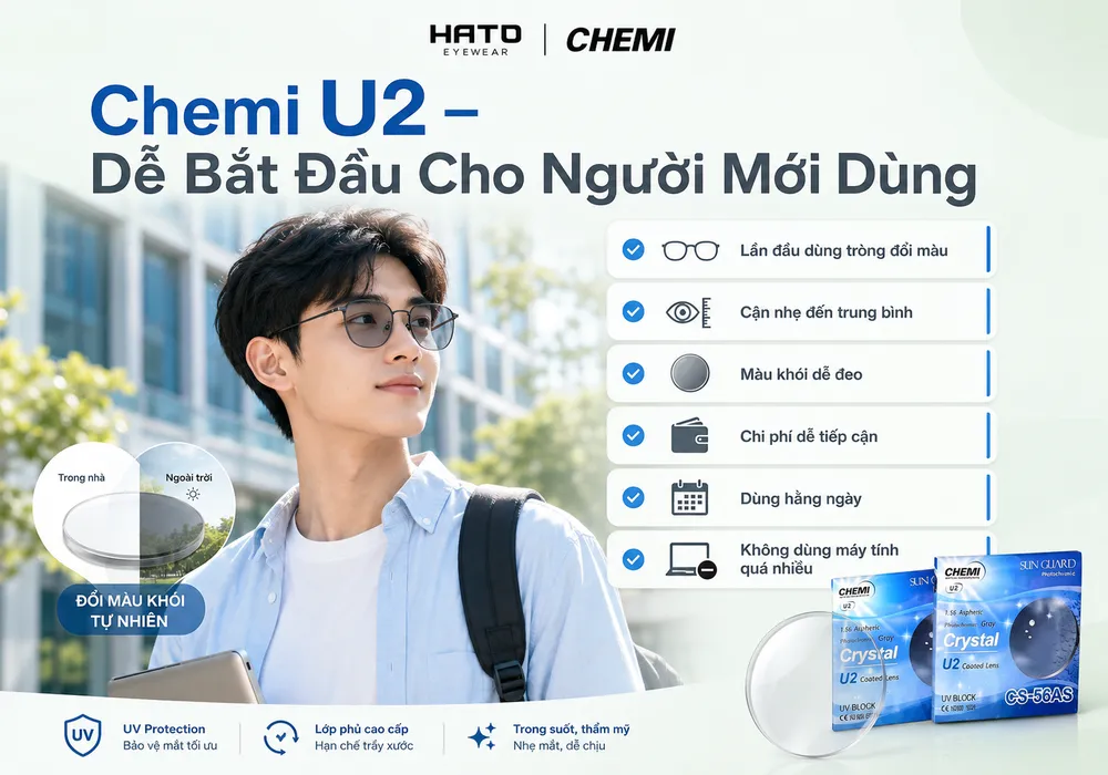 Chemi U2 1.56 AS phù hợp cho người lần đầu dùng tròng kính đổi màu, cận nhẹ đến trung bình và dùng hằng ngày.