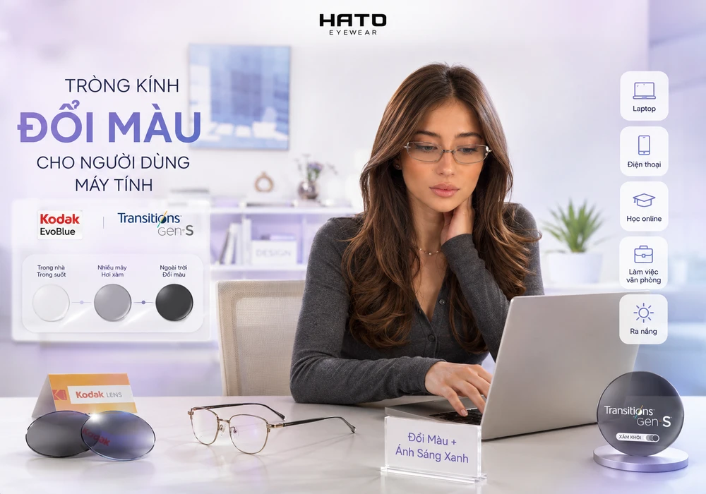 Minh họa tròng kính đổi màu cho người dùng máy tính, kết hợp khả năng hỗ trợ ánh sáng xanh và thích nghi khi ra nắng với Kodak EvoBlue và Essilor Transitions Gen S.
