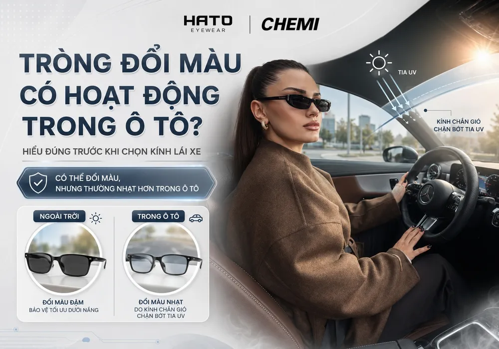 Tròng kính đổi màu có hoạt động trong ô tô nhưng thường đổi màu nhạt hơn do kính chắn gió chặn bớt tia UV.