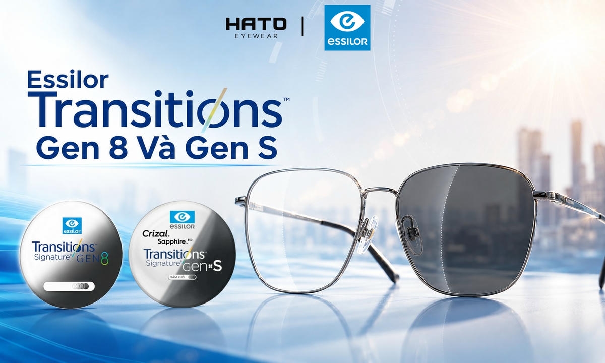 Ảnh blog tròng kính đổi màu Essilor Transitions Gen 8 và Gen S với hiệu ứng nửa trong suốt, nửa đổi màu khi ra nắng, kèm logo HATO Eyewear và Essilor.