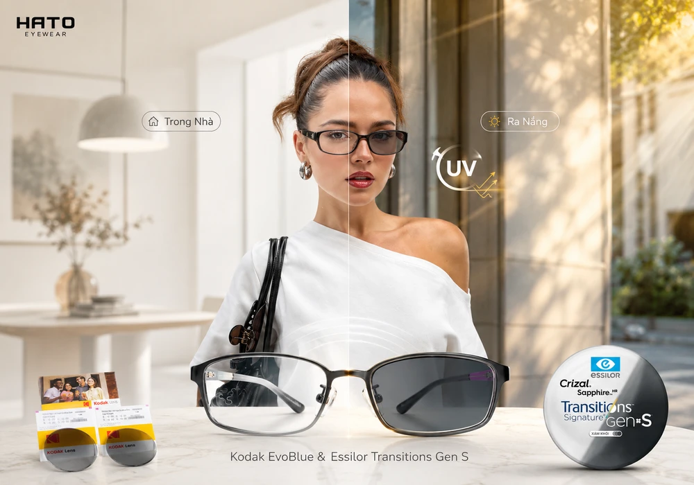 Tròng kính đổi màu khi ra nắng Kodak EvoBlue và Essilor Transitions Gen S