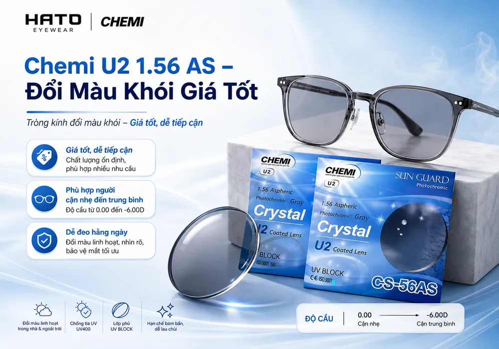 Tròng kính đổi màu khói Chemi U2 1.56 AS giá tốt, phù hợp người cận nhẹ đến trung bình tại HATO Eyewear.