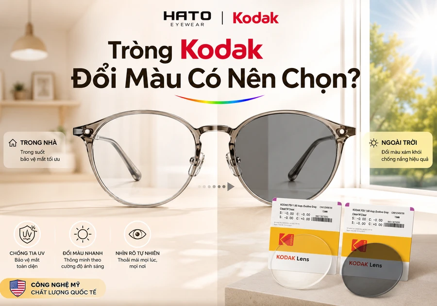 Tròng kính đổi màu Kodak chuyển từ trong suốt trong nhà sang xám khói ngoài trời dưới ánh nắng