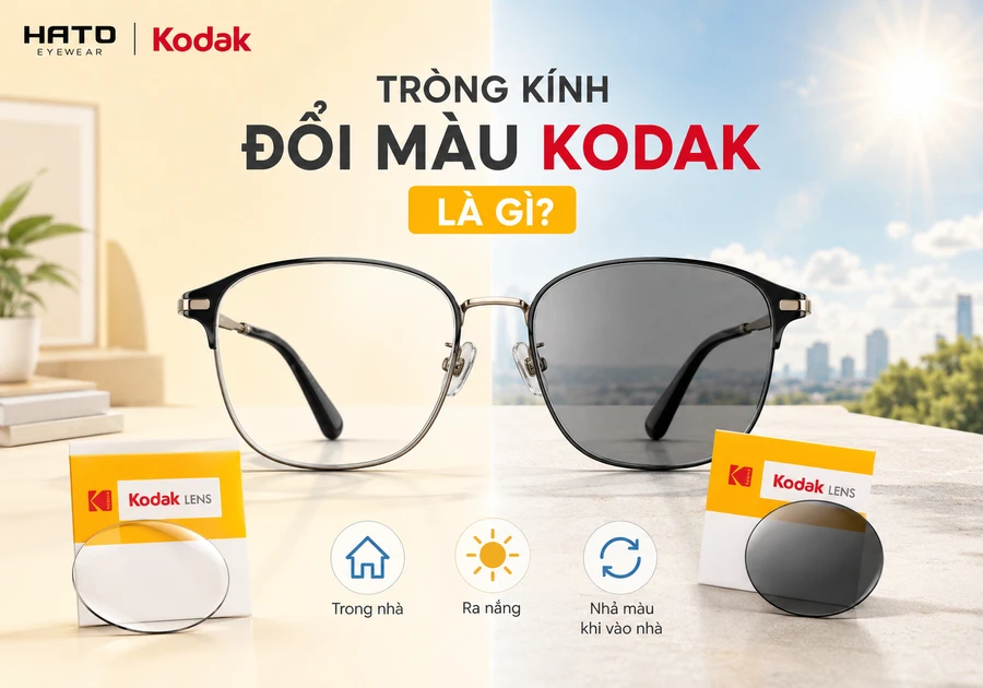 Tròng kính đổi màu Kodak chuyển từ trong suốt trong nhà sang xám khói khi ra nắng