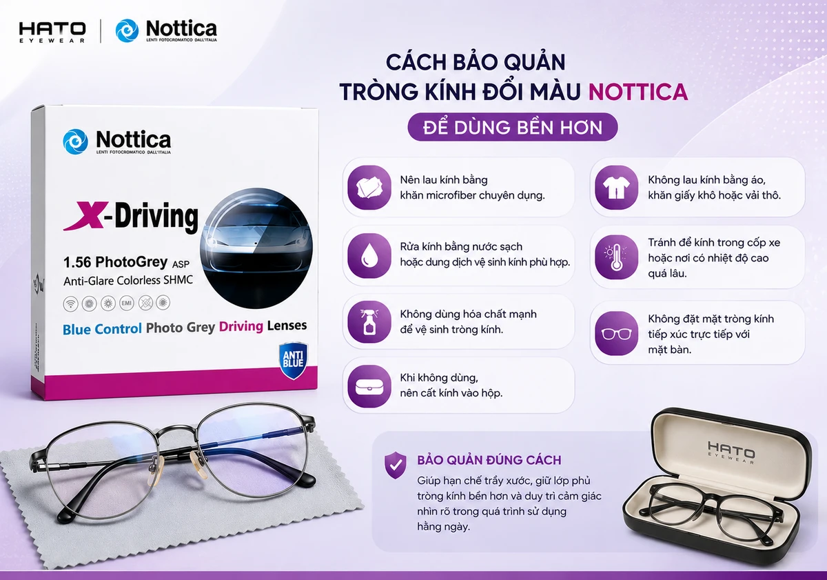 Cách bảo quản tròng kính đổi màu Nottica X-Driving Photo Grey tại Hato Eyewear