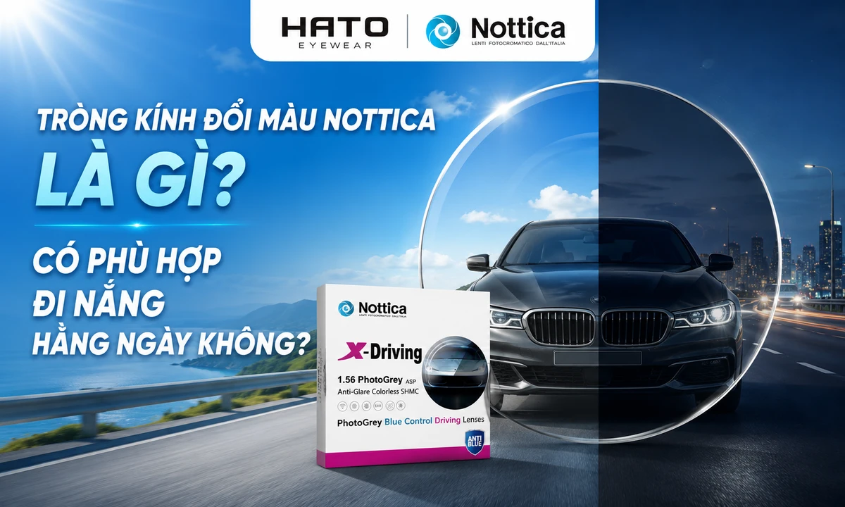 Ảnh đại diện blog tròng kính đổi màu Nottica với hiệu ứng chuyển sáng tối, xe di chuyển ngoài trời và bao bì Nottica X-Driving PhotoGrey tại Hato Eyewear.
