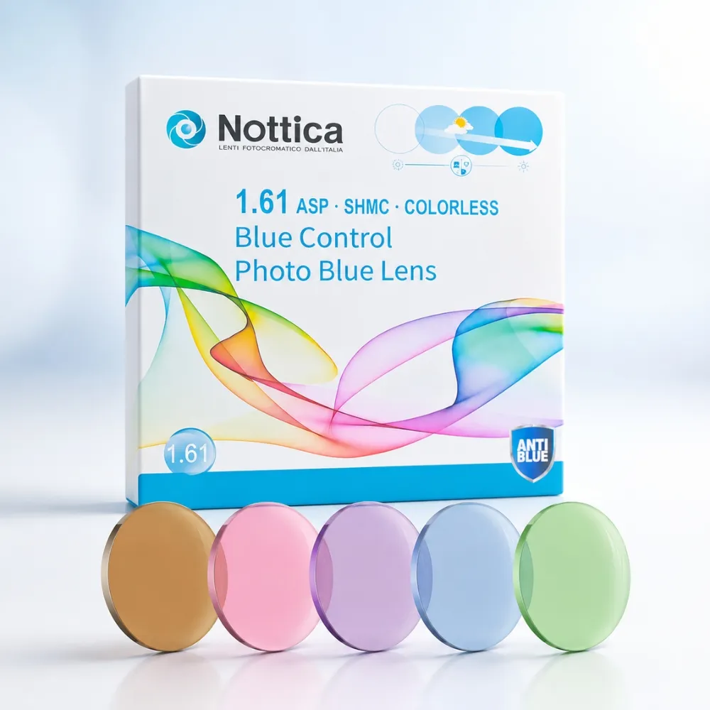 Bao bì tròng kính đổi màu Nottica 1.61 Blue Control Photo Blue Lens cùng các màu tròng