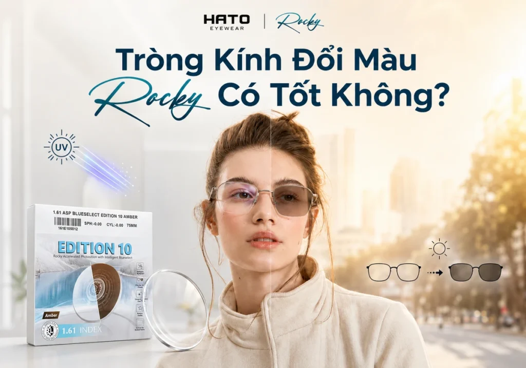 Ảnh đại diện blog về tròng kính đổi màu Rocky tại Hato Eyewear, thể hiện người mẫu đeo kính Rocky với hiệu ứng chuyển màu trong nhà và ngoài trời, kèm bao bì sản phẩm Rocky Edition 10 giúp người dùng dễ hình dung tính năng đổi màu khi ra nắng.