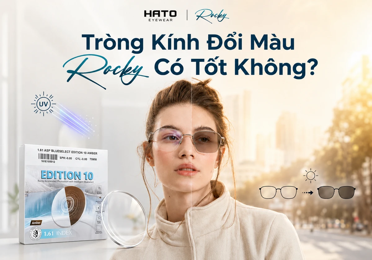 Ảnh đại diện blog về tròng kính đổi màu Rocky tại Hato Eyewear, thể hiện người mẫu đeo kính Rocky với hiệu ứng chuyển màu trong nhà và ngoài trời, kèm bao bì sản phẩm Rocky Edition 10 giúp người dùng dễ hình dung tính năng đổi màu khi ra nắng.