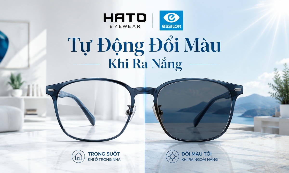 Cặp kính thuốc với tròng đổi màu tự động từ trong suốt trong nhà sang màu sẫm khi ra nắng, phong cách hiện đại của Essilor.
