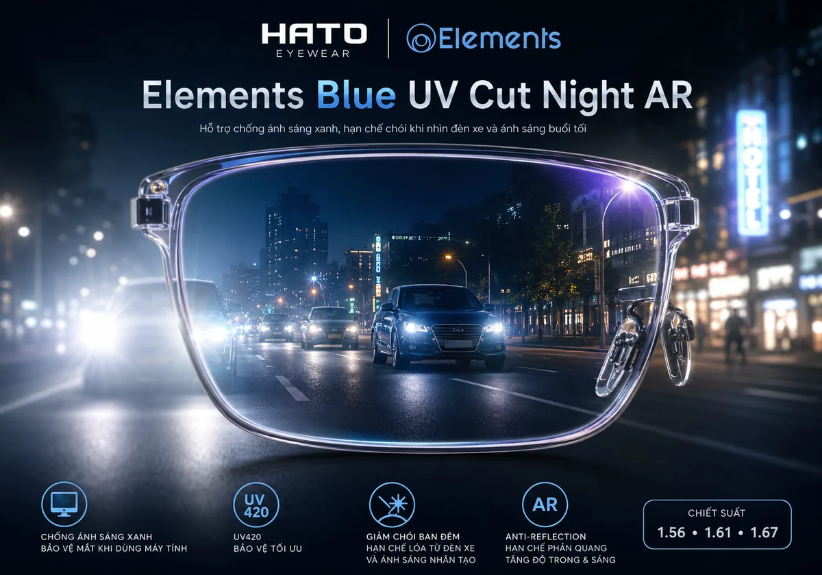 Ảnh minh họa tròng kính Elements Blue UV Cut Night AR hỗ trợ chống ánh sáng xanh, UV420 và hạn chế chói lóa từ đèn xe khi sử dụng ban đêm.