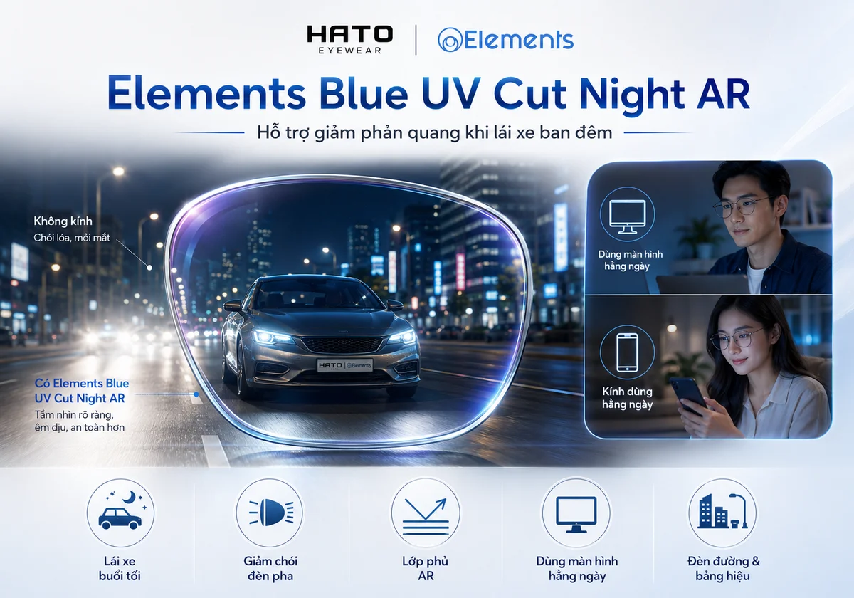 Tròng kính Elements Blue UV Cut Night AR hỗ trợ giảm phản quang khi lái xe ban đêm và dùng màn hình hằng ngày