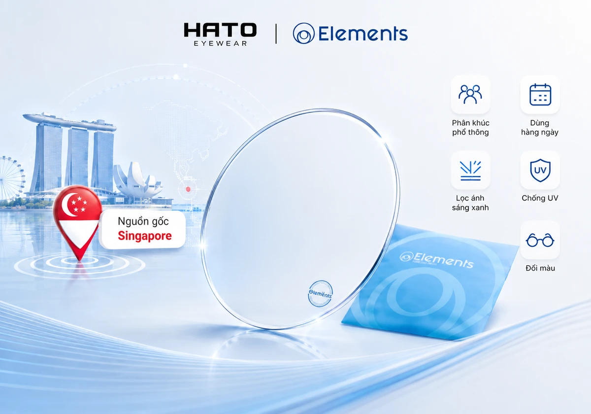 Ảnh mô tả tròng kính Elements có nguồn gốc Singapore, thuộc phân khúc phổ thông dễ tiếp cận, phù hợp dùng hằng ngày với các tính năng như lọc ánh sáng xanh, chống UV và đổi màu.