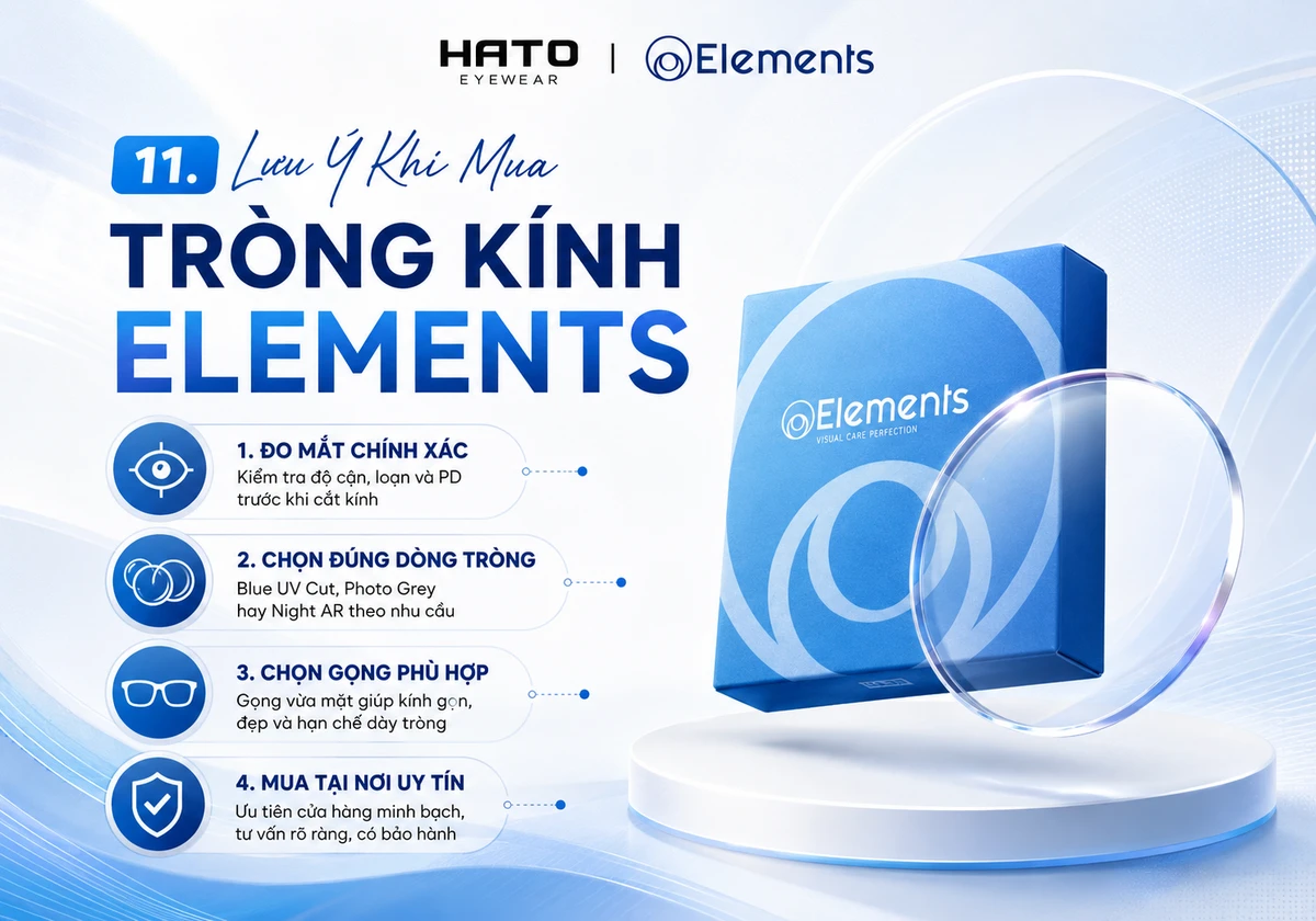 Ảnh minh họa các lưu ý khi mua tròng kính Elements chính hãng, gồm đo mắt chính xác, chọn đúng dòng tròng, chọn gọng phù hợp và mua tại cửa hàng uy tín.