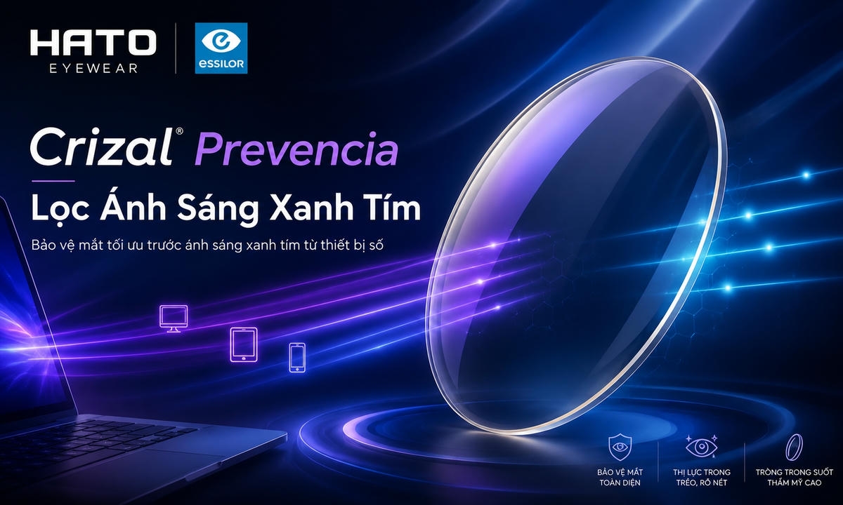 Tròng kính Essilor Crizal Prevencia với hiệu ứng lọc ánh sáng xanh tím từ màn hình, phản quang tím xanh nhẹ và thiết kế cao cấp.