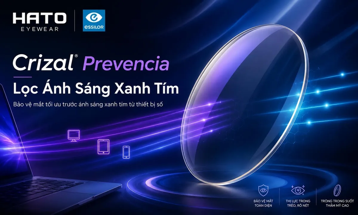 Tròng kính Essilor Crizal Prevencia với hiệu ứng lọc ánh sáng xanh tím từ màn hình, phản quang tím xanh nhẹ và thiết kế cao cấp.