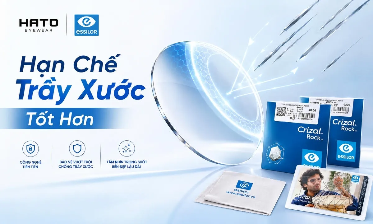 Tròng kính Essilor Crizal Rock trong suốt với hiệu ứng lá chắn bảo vệ bề mặt, giúp hạn chế trầy xước tốt hơn.