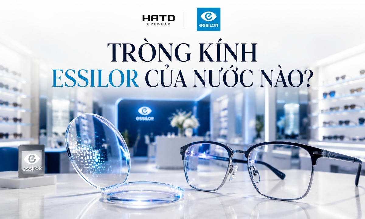 Ảnh đại diện blog về tròng kính Essilor với tròng kính trong suốt và gọng kính cao cấp trong cửa hàng mắt kính sang trọng.