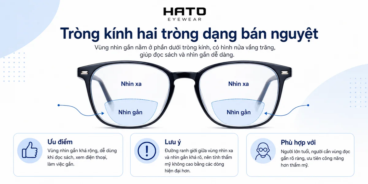 Ảnh minh họa tròng kính hai tròng dạng bán nguyệt với vùng nhìn gần nằm ở phần dưới tròng kính, giúp người dùng dễ đọc sách, xem điện thoại và làm việc ở khoảng cách gần.