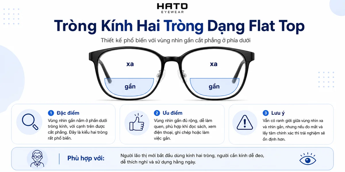 Minh họa tròng kính hai tròng dạng Flat Top với vùng nhìn xa và vùng nhìn gần rõ ràng, phù hợp cho người lão thị mới bắt đầu dùng kính hai tròng.