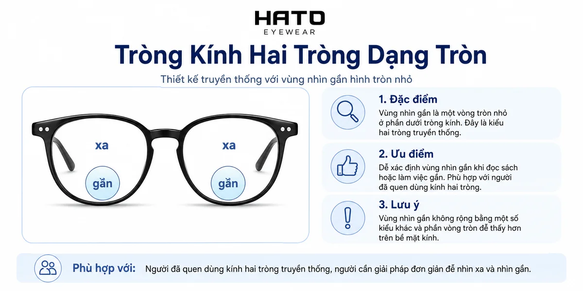 Infographic minh họa tròng kính hai tròng dạng tròn với vùng nhìn gần hình tròn nhỏ ở phần dưới tròng kính, giúp người dùng dễ hiểu đặc điểm, ưu điểm và lưu ý khi sử dụng.