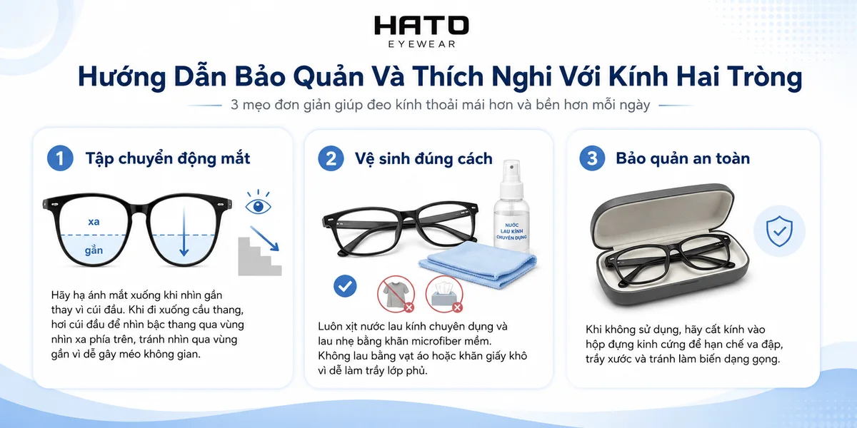 Infographic hướng dẫn cách bảo quản và thích nghi với kính hai tròng, gồm mẹo chuyển động mắt đúng cách, vệ sinh kính đúng cách và bảo quản kính an toàn để tăng độ bền và giúp mắt nhanh làm quen.