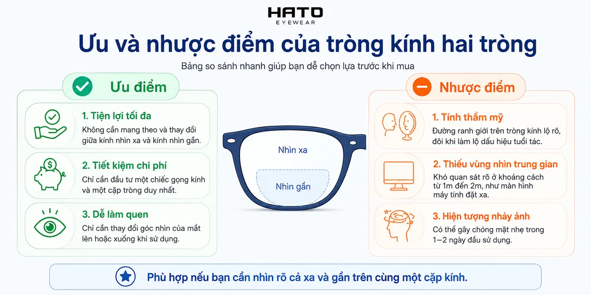 Infographic so sánh ưu và nhược điểm của tròng kính hai tròng, giúp người dùng dễ hiểu về tính tiện lợi, tiết kiệm chi phí, dễ làm quen cũng như các hạn chế về thẩm mỹ, vùng nhìn trung gian và hiện tượng nhảy ảnh.