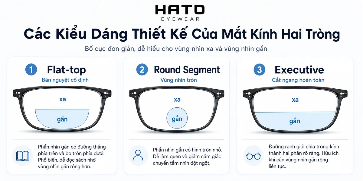 Infographic minh họa các kiểu dáng mắt kính hai tròng phổ biến gồm Flat-top, Round Segment và Executive, giúp người dùng dễ hiểu sự khác nhau giữa vùng nhìn xa và vùng nhìn gần.
