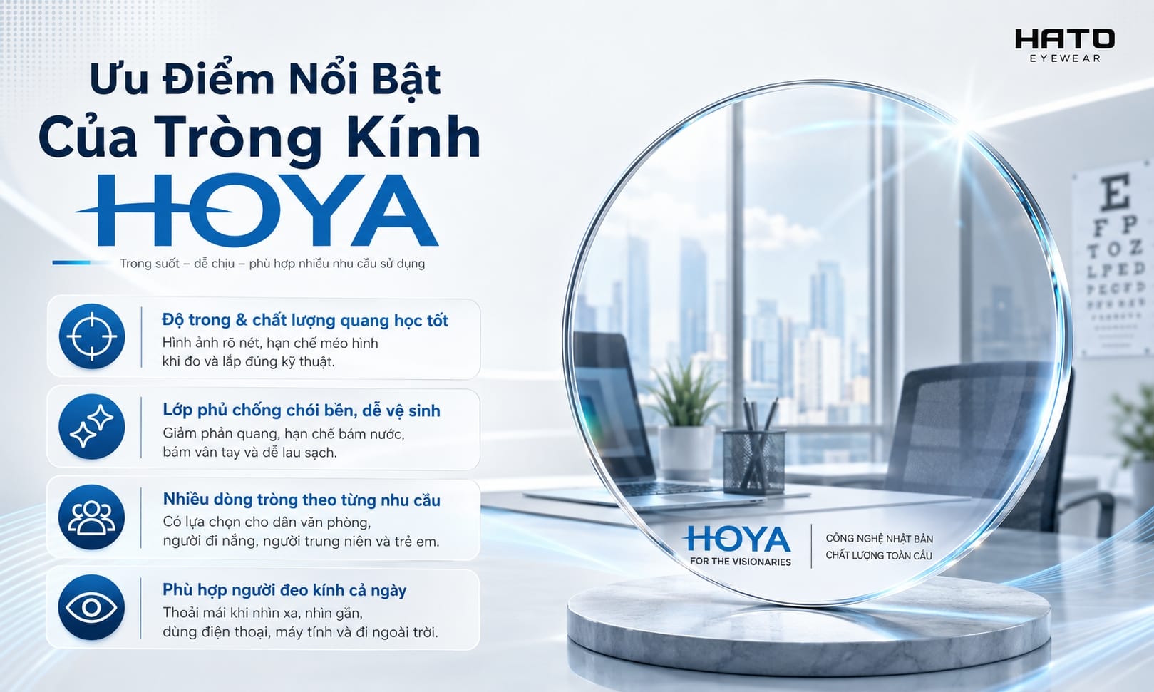 Ưu điểm nổi bật của tròng kính HOYA với độ trong quang học cao, lớp phủ chống chói bền, dễ vệ sinh và phù hợp người đeo kính cả ngày.