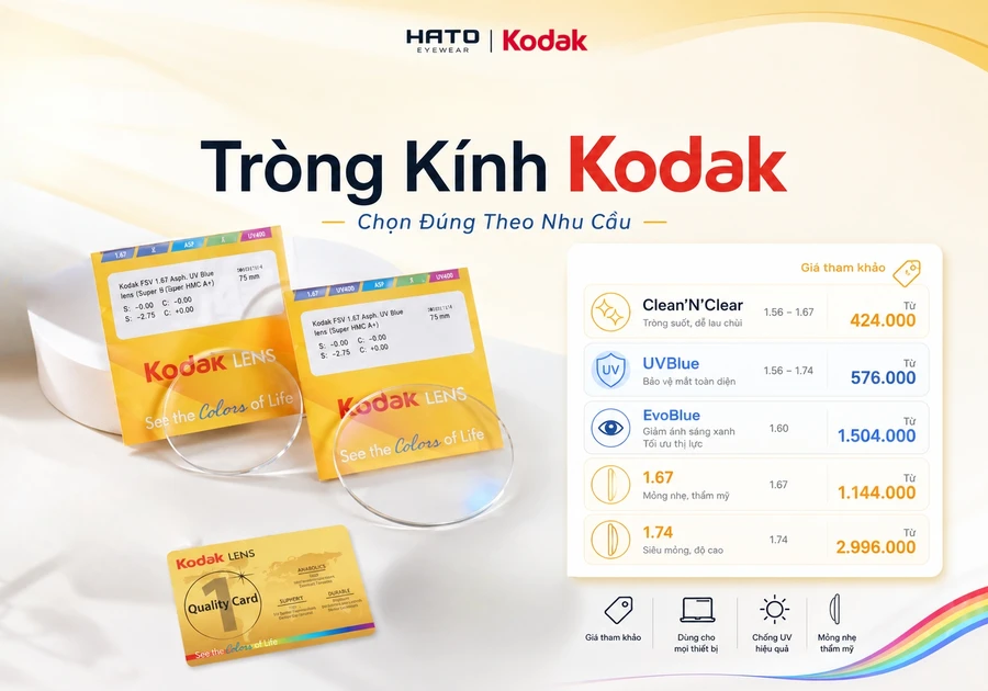 Bảng giá tròng kính Kodak và gợi ý chọn dòng tròng phù hợp theo nhu cầu tại Hato Eyewear.