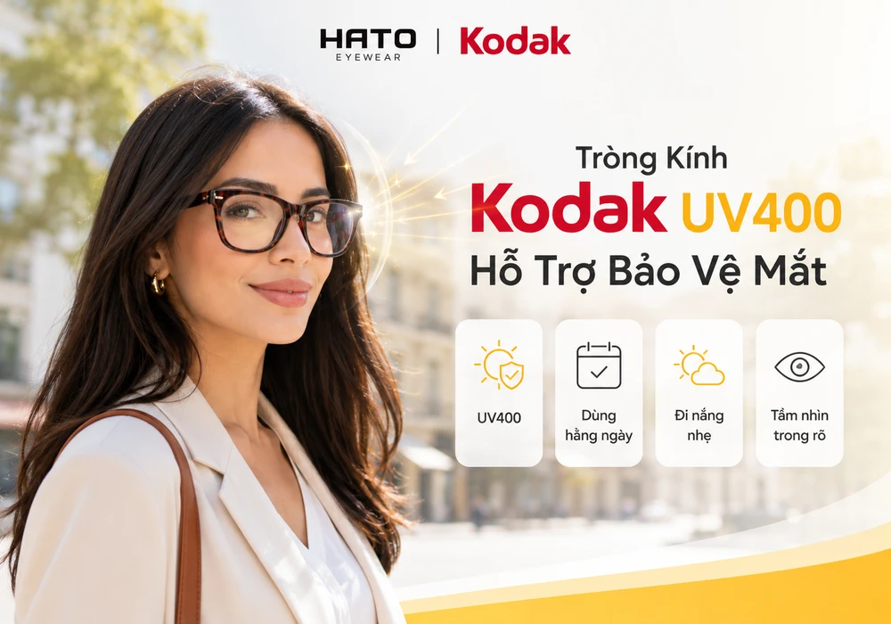 Ảnh minh họa tròng kính Kodak UV400 hỗ trợ bảo vệ mắt khi đi nắng nhẹ, dùng hằng ngày và cho tầm nhìn trong rõ