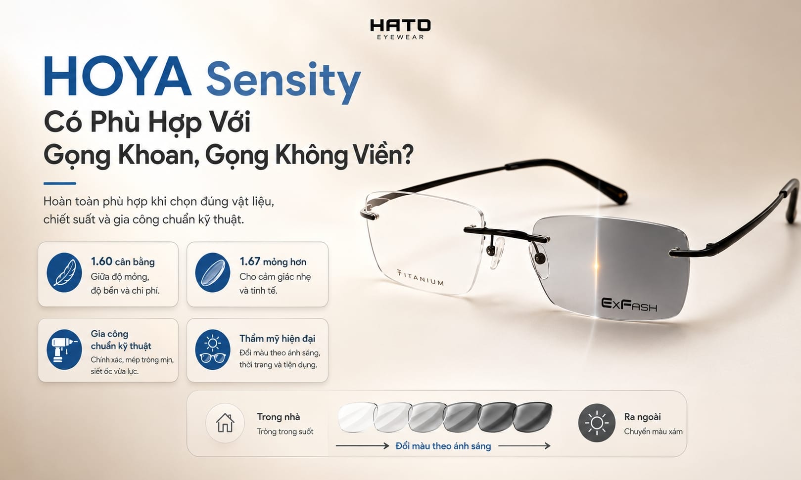 Ảnh minh họa tròng kính đổi màu HOYA Sensity phù hợp với gọng khoan, gọng không viền, thiết kế mỏng nhẹ, hiện đại và tiện dụng tại HATO Eyewear.