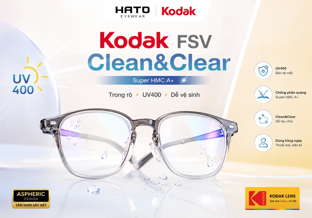 Tròng kính Kodak FSV Asph UV400 Clean&Clear Super HMC A+ với thiết kế trong suốt, hỗ trợ UV400, chống phản quang và dễ vệ sinh.