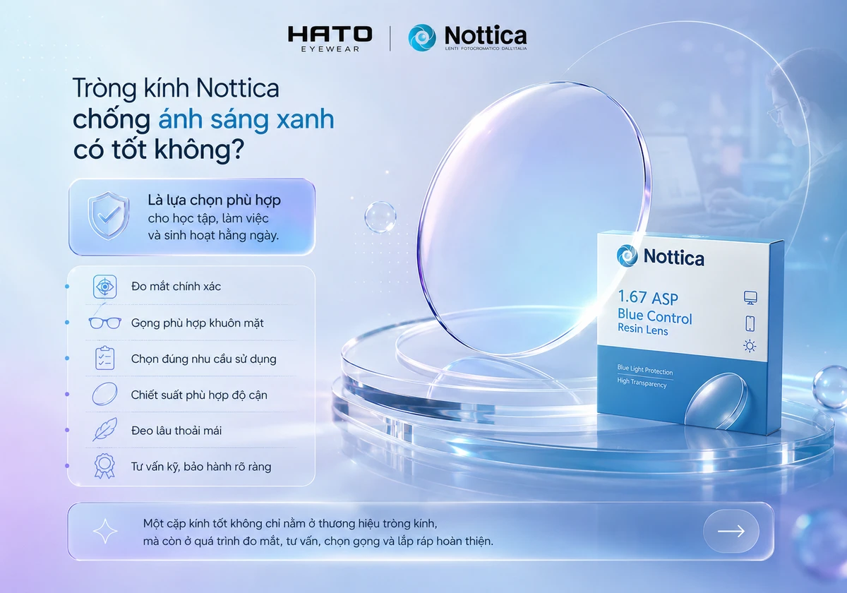 Tròng kính Nottica chống ánh sáng xanh có tốt không tại Hato Eyewear