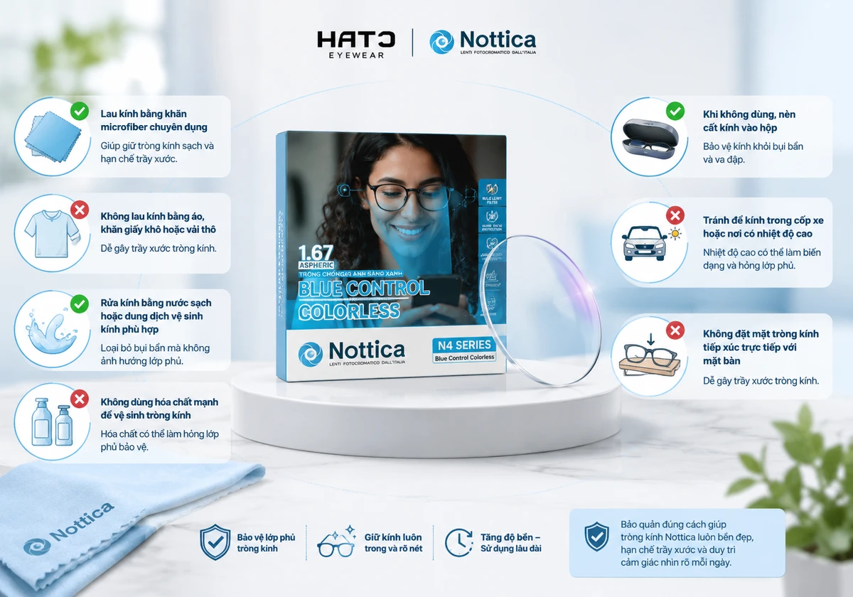 Cách bảo quản tròng kính Nottica đúng cách giúp hạn chế trầy xước và giữ kính luôn trong rõ