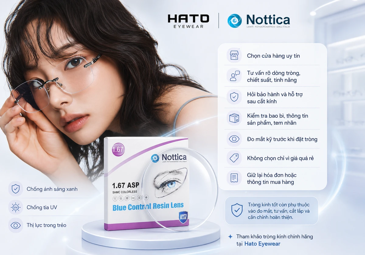 Mẫu đeo kính và hộp tròng kính Nottica chính hãng cùng các lưu ý nhận biết tại Hato Eyewear
