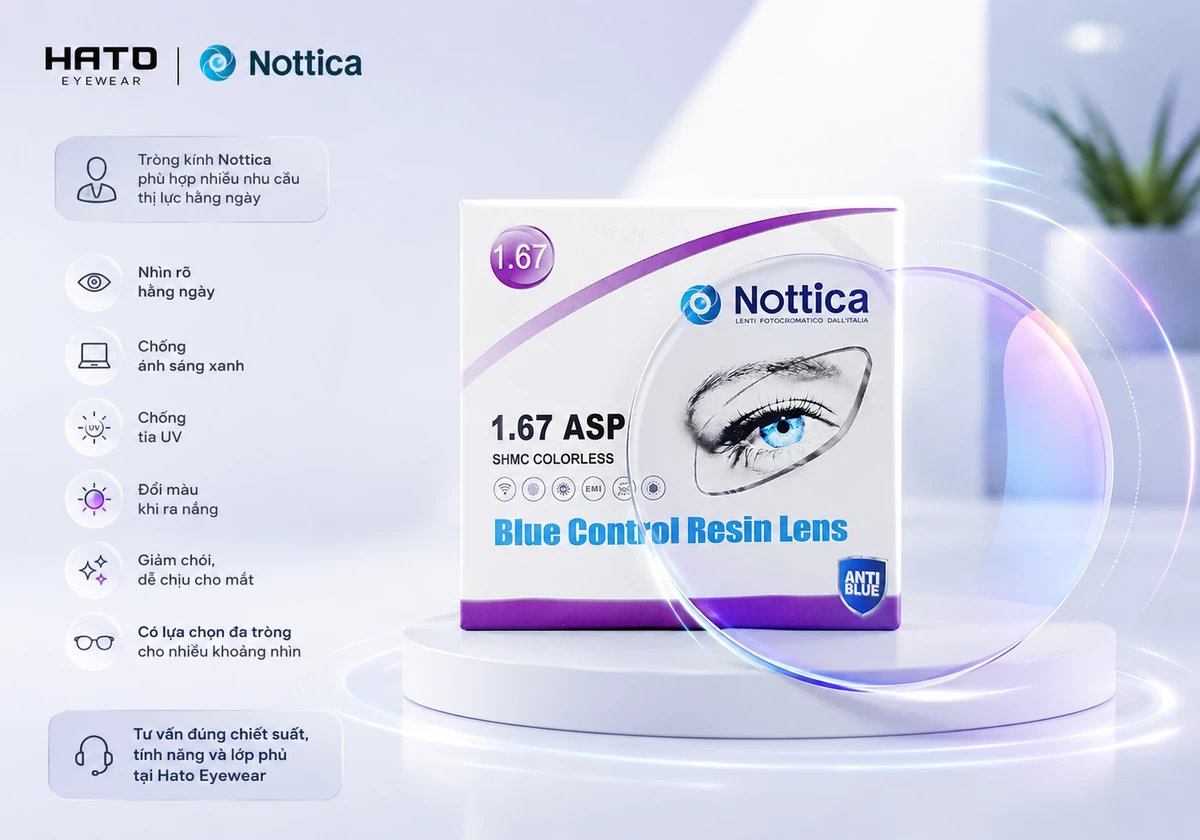Tròng kính Nottica chống ánh sáng xanh, chống UV và đổi màu tại Hato Eyewear