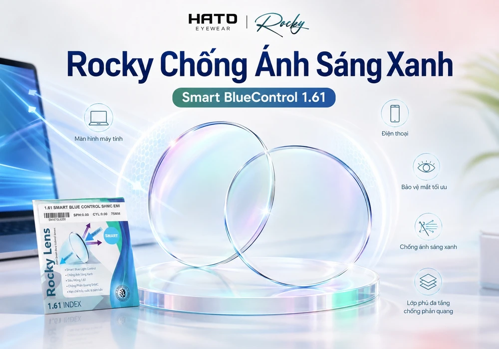 Ảnh đại diện tròng kính Rocky chống ánh sáng xanh Smart BlueControl 1.61 tại HATO Eyewear với cặp tròng trong suốt, phản quang xanh tím nhẹ và hiệu ứng ánh sáng xanh từ màn hình
