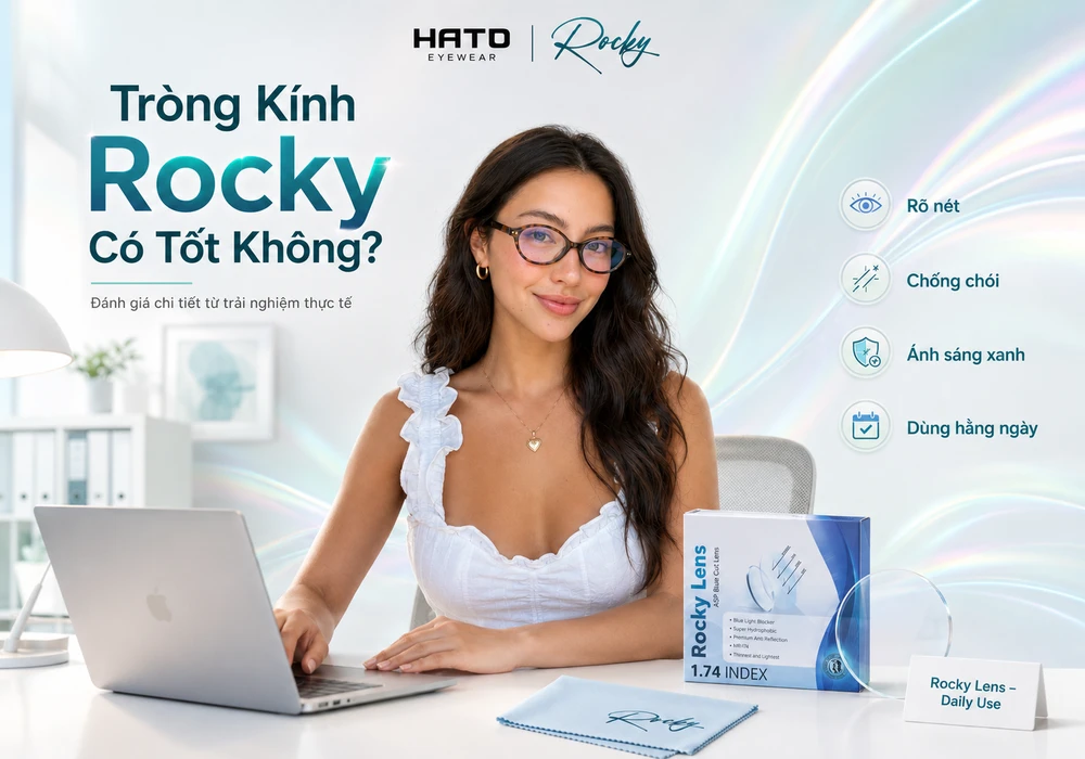 Người mẫu đeo tròng kính Rocky làm việc với laptop, minh họa chủ đề tròng kính Rocky có tốt không tại HATO Eyewear