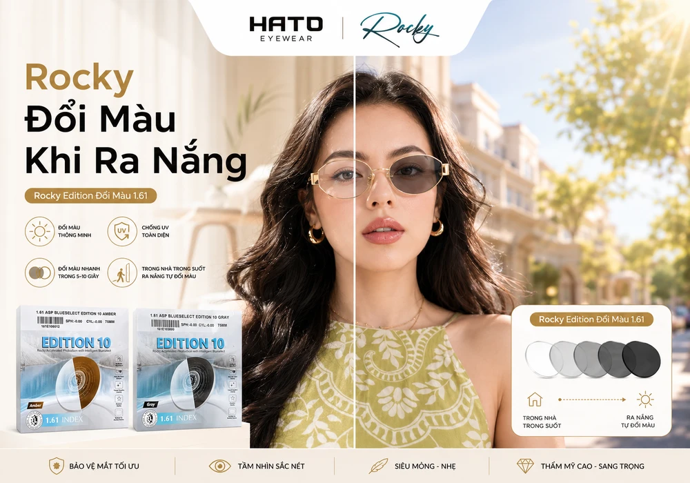 Tròng kính Rocky Edition 10 Đổi Màu 1.61 ASP chuyển màu khi ra nắng với tròng trong suốt trong nhà và xám khói ngoài trời