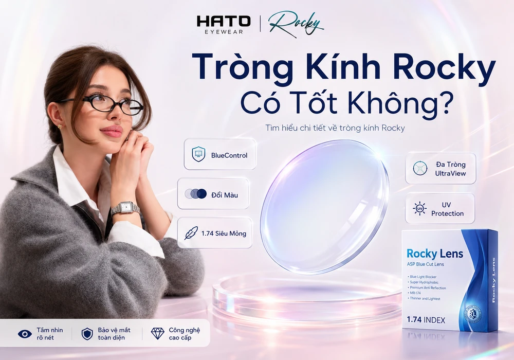 Ảnh minh họa tròng kính Rocky trong suốt với người mẫu đeo kính, chủ đề tròng kính Rocky là gì và có tốt không tại HATO Eyewear