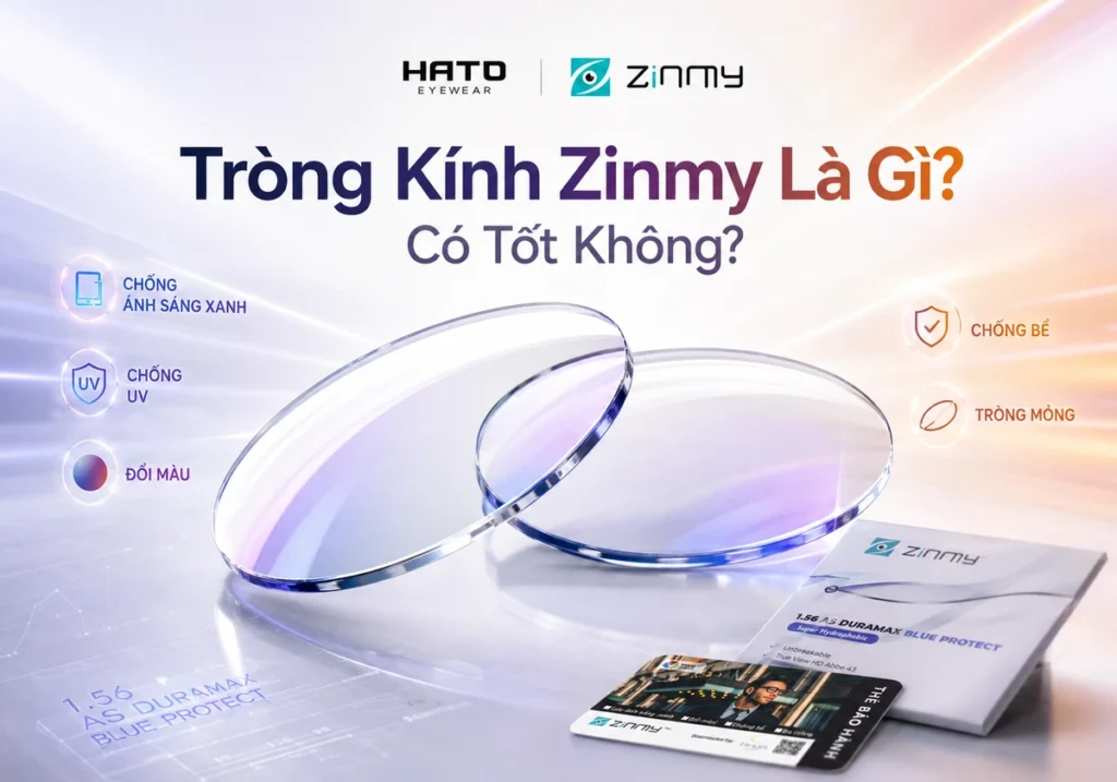 Tròng kính Zinmy là gì? Ảnh minh họa tròng kính Zinmy với các tính năng chống ánh sáng xanh, chống UV, đổi màu, chống bể và tròng mỏng.