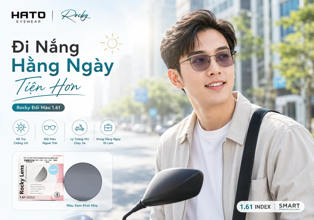 Người dùng đeo tròng Rocky đổi màu khi chạy xe hằng ngày, hỗ trợ đi nắng tiện hơn tại HATO Eyewear